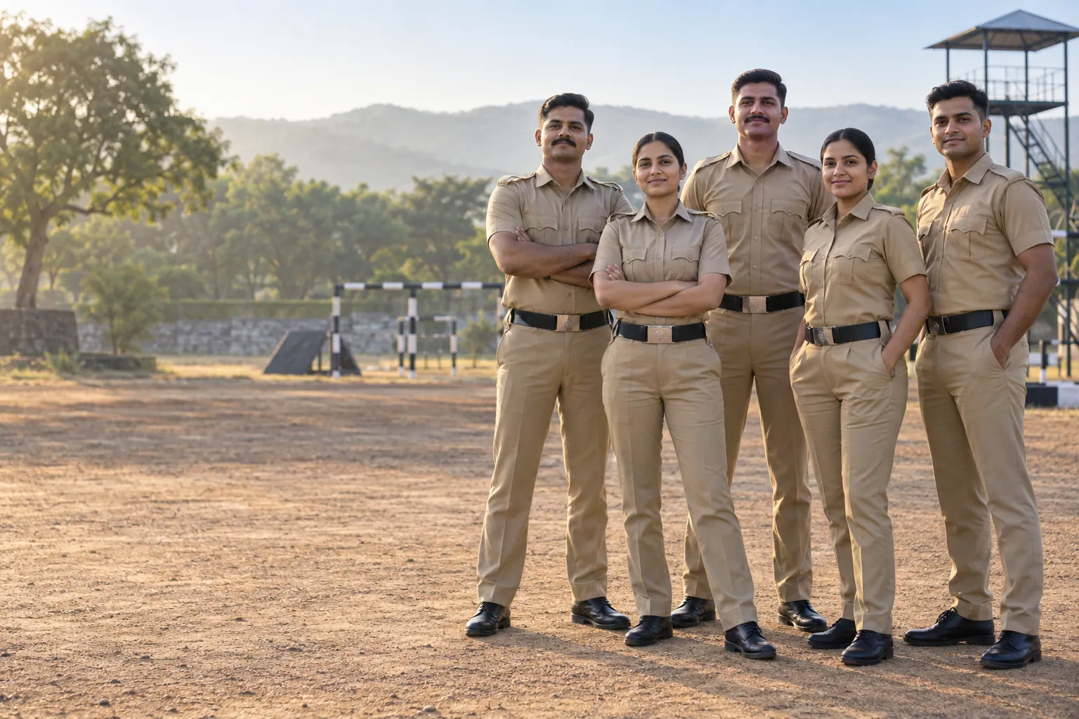 खाकी गणवेशातील पुरुष आणि महिला भारतीय पोलीस कॉन्स्टेबल्सचा प्रातिनिधिक AI समूह